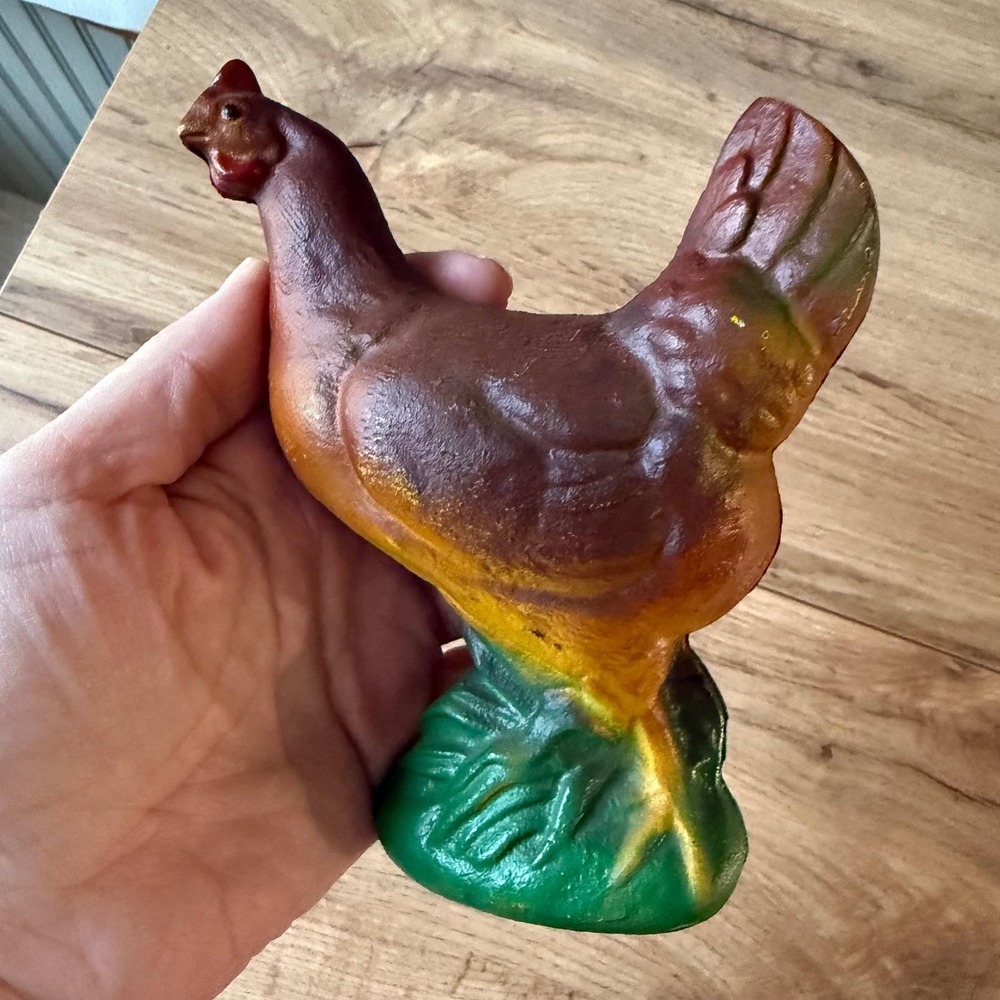 Vintage Cast Iron Hen Chicken Coin Bank Farmhouse Decor Brown Green 5.5"